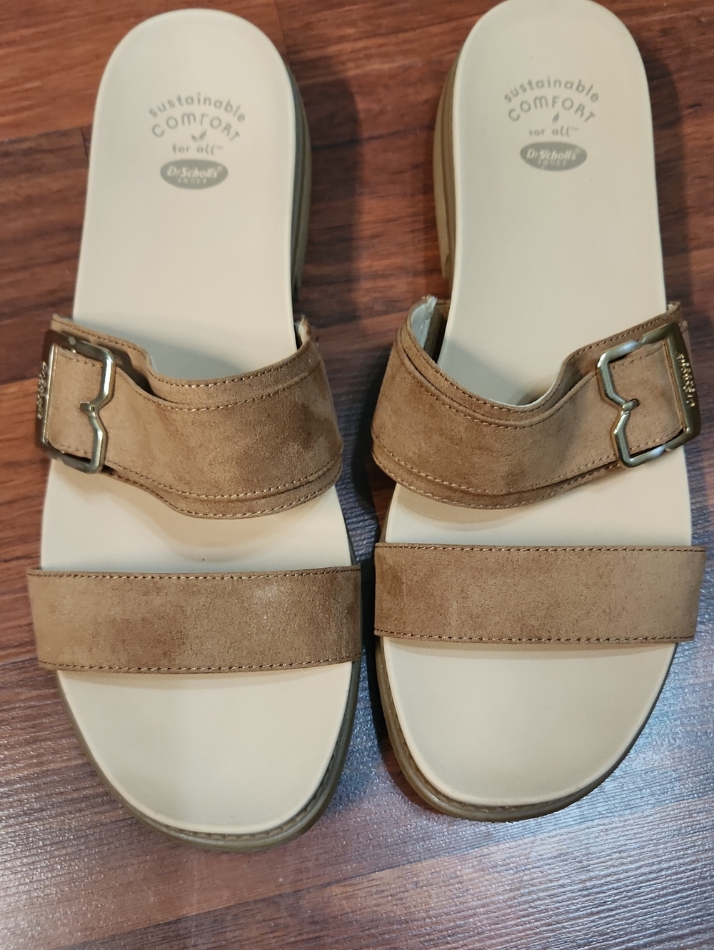 Dr. Scholl's Tan Suede Double-Strap Slide Sandals with Buckle